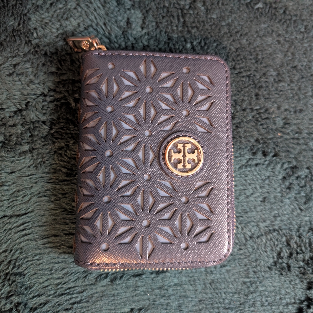 Tory Burch Blue Wallet Card Holder with Embossed Design